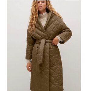 Mango Green Belted Long Puffy Coat Medium Womens